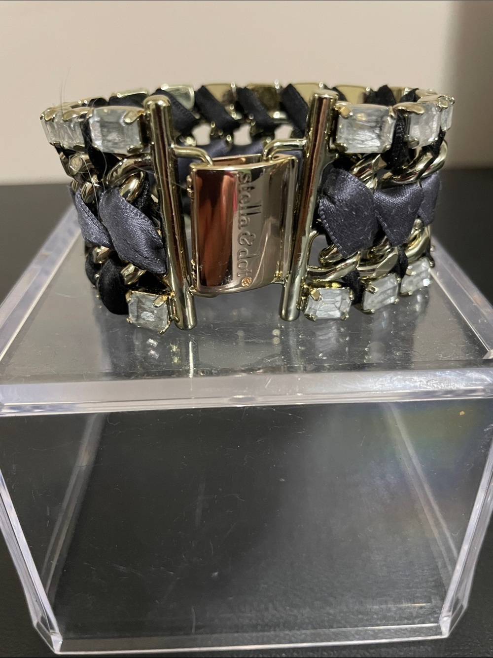 Stella & Dot Gold Tone Chain Bracelet with Black/Blue Ribbon and Crystals